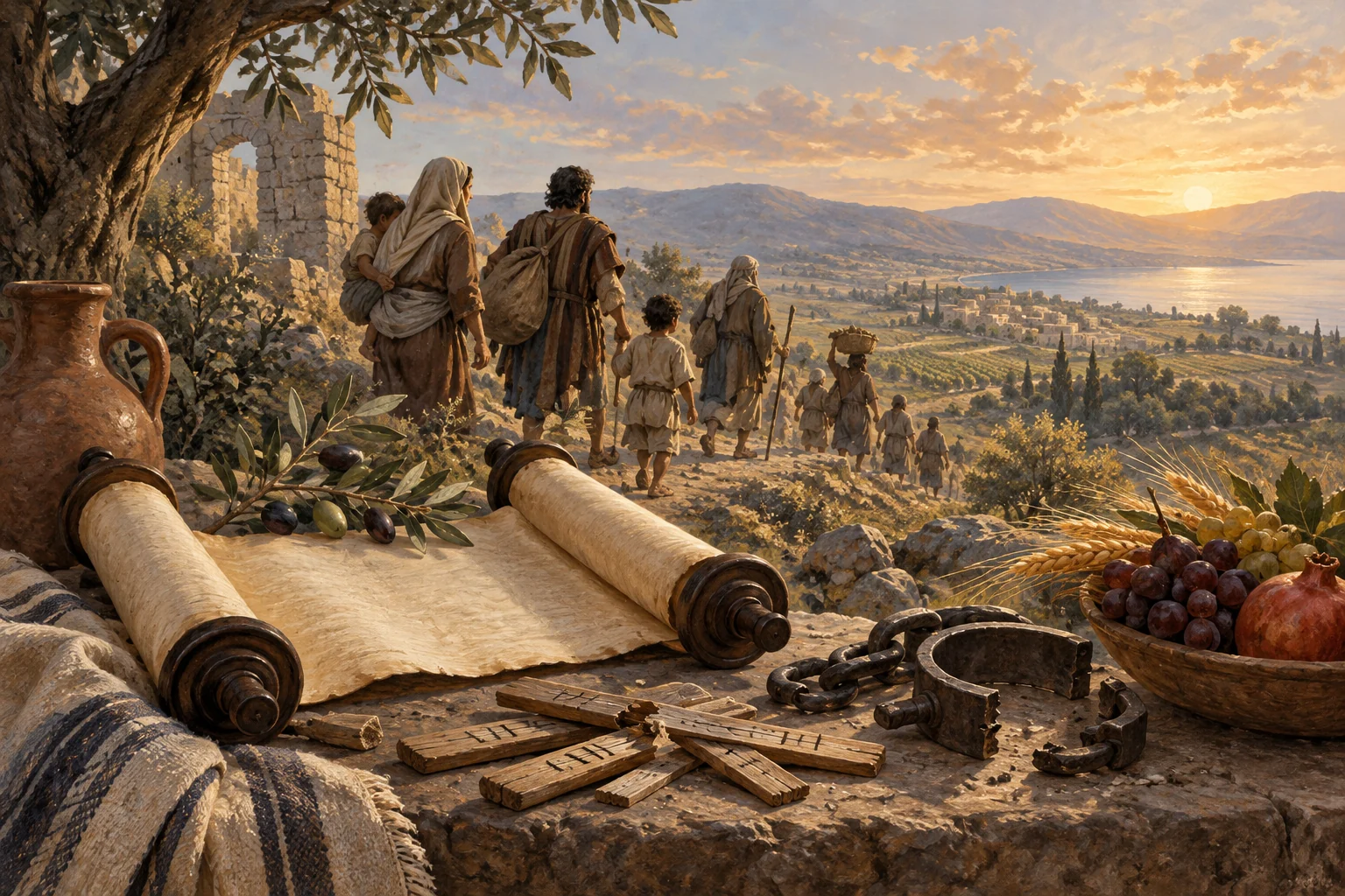 A blank prophetic scroll, broken shackles, harvest fruit, and freed families overlook restored land at sunrise.