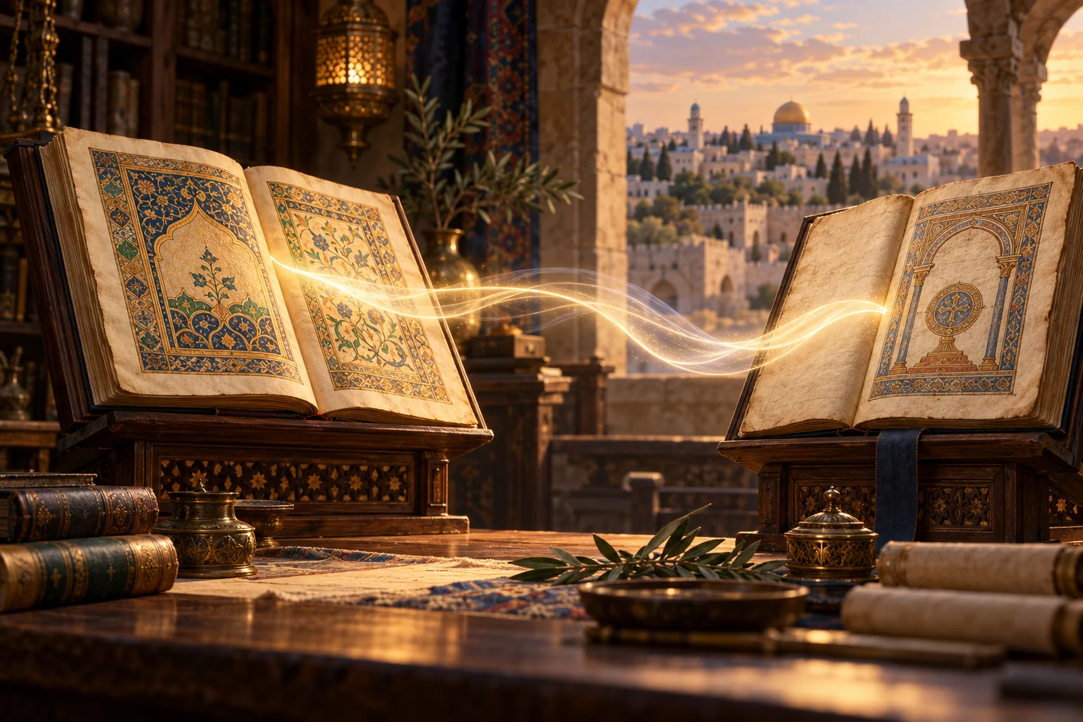 Two decorated ancient manuscripts face one another across a ribbon of light in a Jerusalem study.