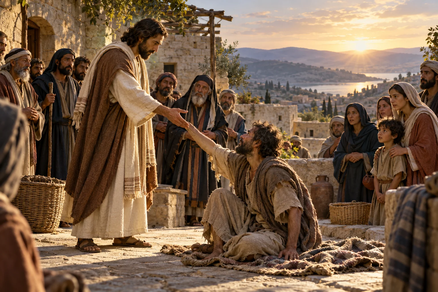 Jesus reaches toward a man rising to his feet as villagers gather in a Galilean courtyard at dawn.