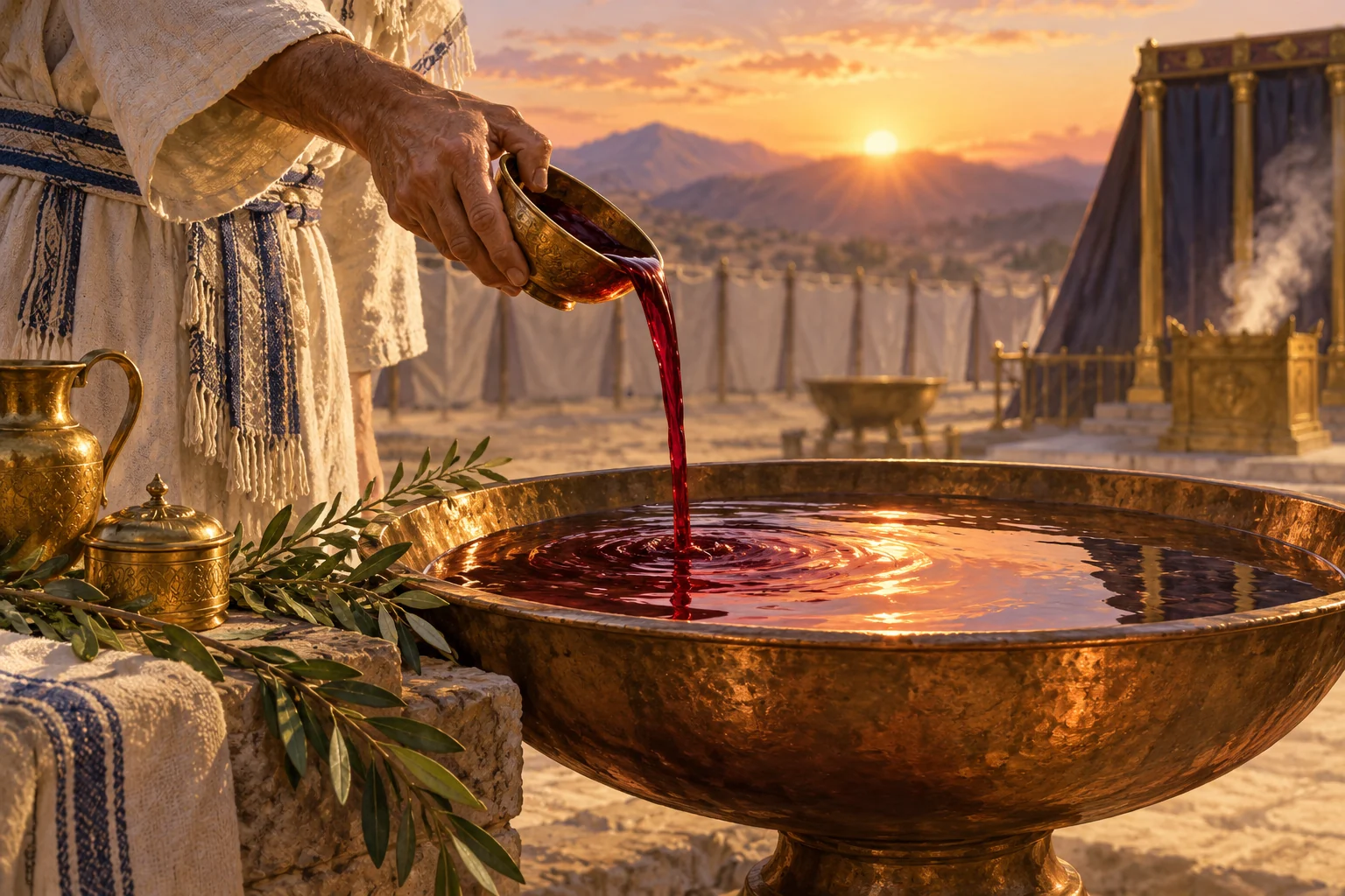 A priestly figure pours red liquid into a bronze basin beside olive branches at sunrise.