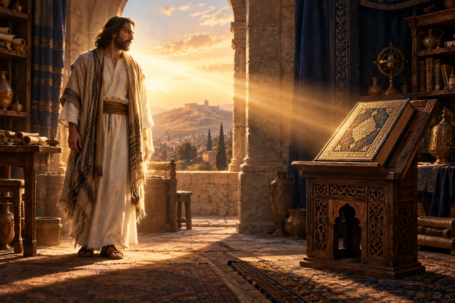 A first-century Jewish teacher stands beside a richly decorated manuscript on a lectern in a sunlit ancient study.