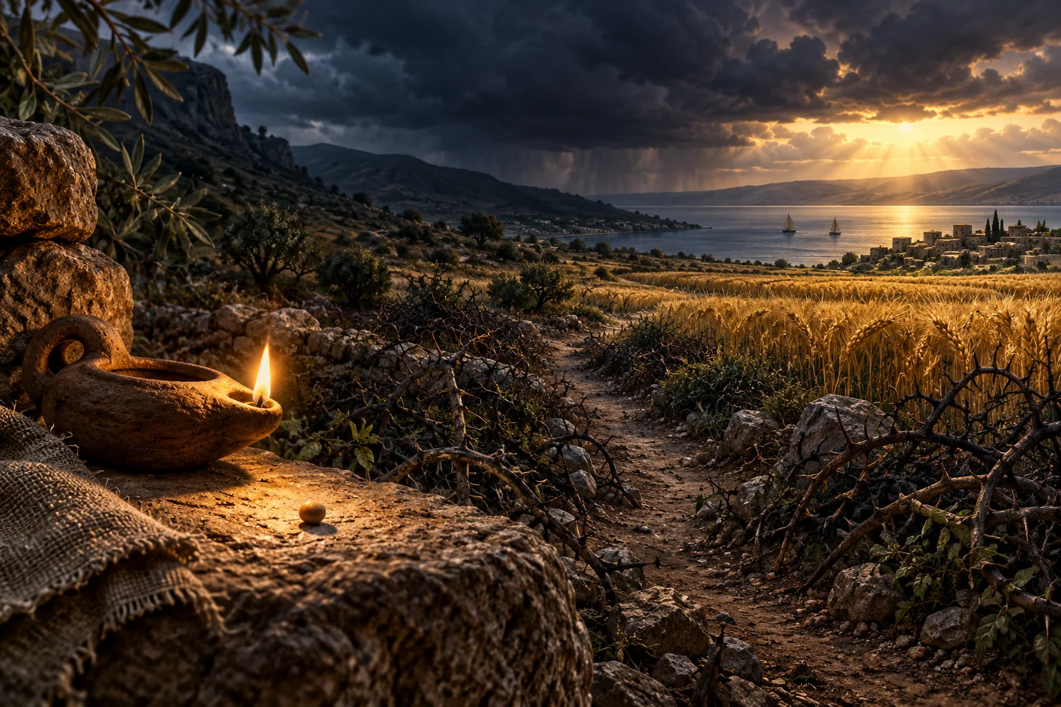 A small lamp and seed overlook thorny ground, a narrow path, and a sunlit harvest beneath storm clouds.