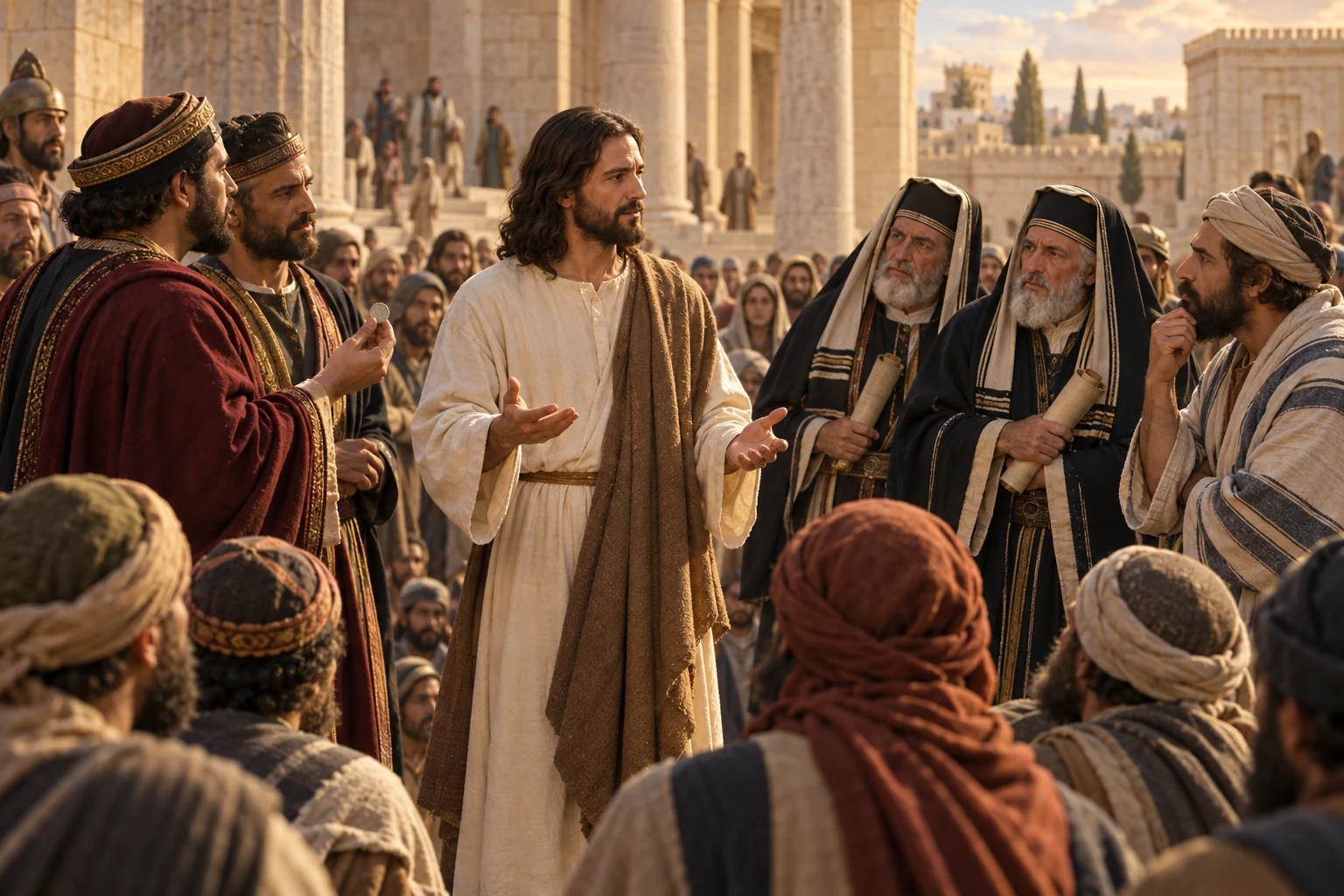 Jesus answers several challengers in the Jerusalem Temple courtyard as one man holds a coin and others carry scrolls.