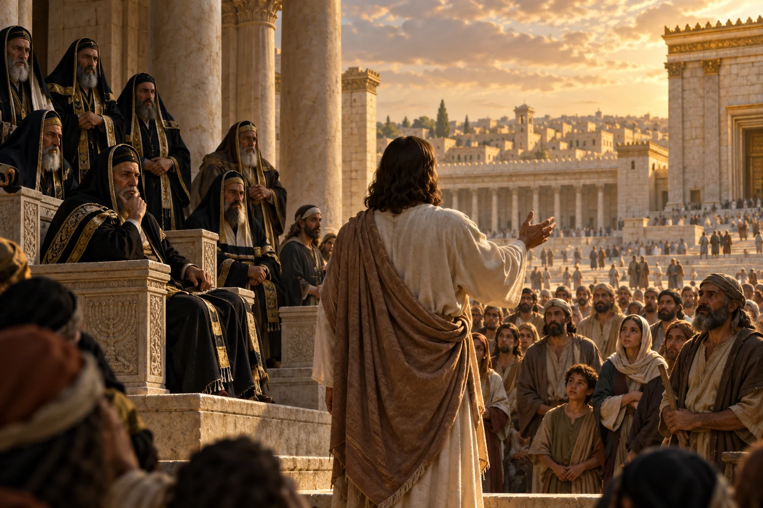 Jesus addresses religious leaders and an attentive crowd in the Jerusalem Temple courtyard at sunset.