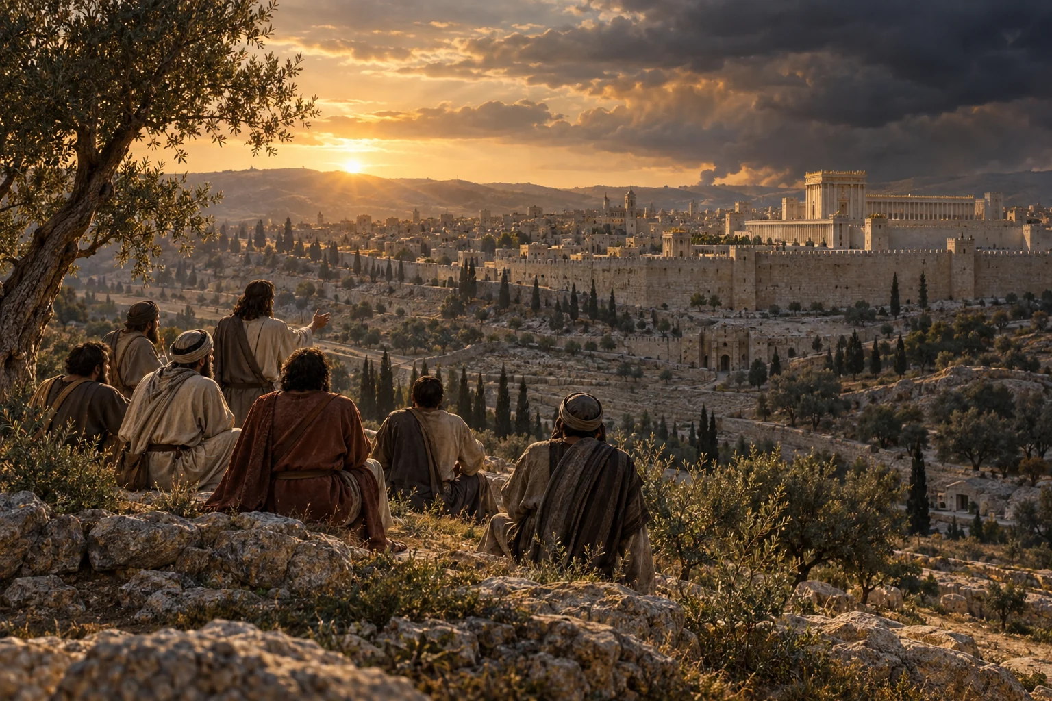 Jesus and his disciples sit on the Mount of Olives overlooking Jerusalem and the Second Temple beneath gathering clouds.