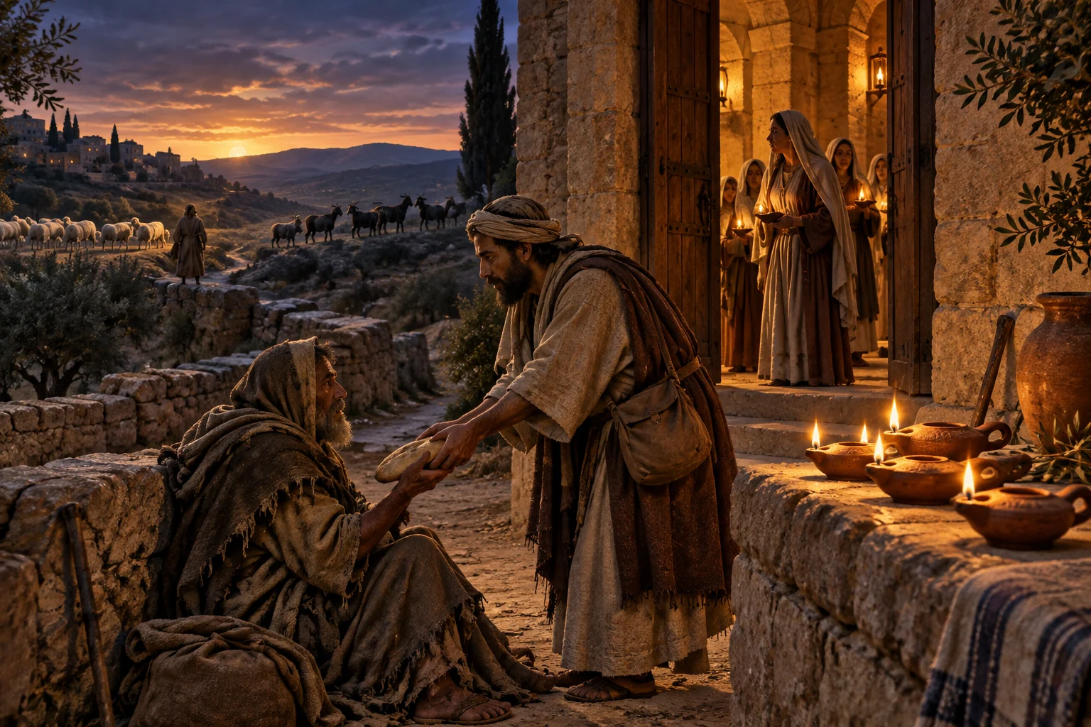 Clay lamps glow beside a doorway as a traveler offers bread to a weary stranger at twilight.