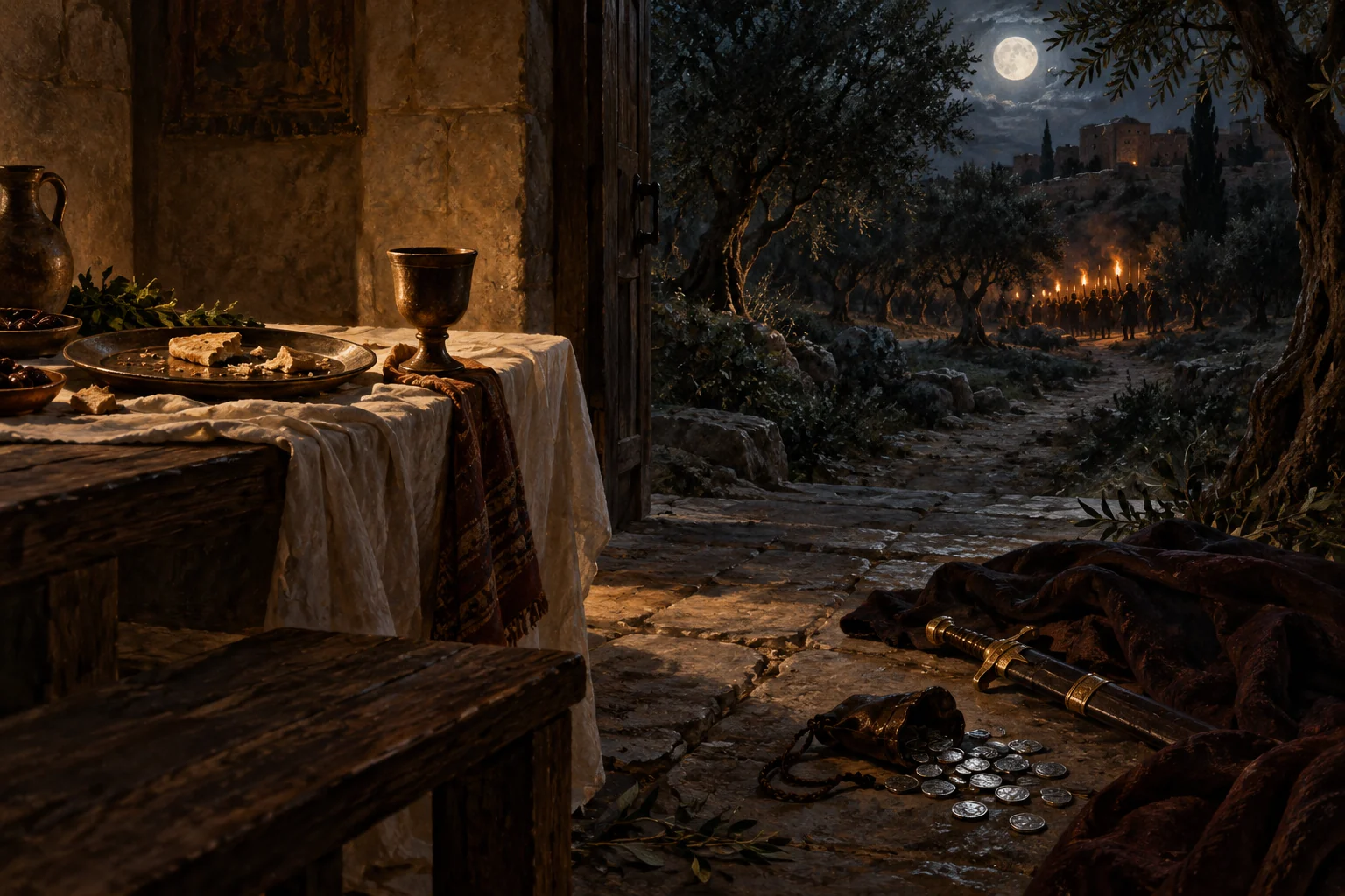 An abandoned Passover table overlooks a moonlit olive grove, scattered silver coins, a sword, and an approaching torch procession.