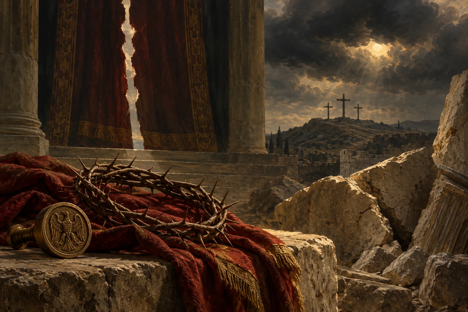 A torn temple veil, crown of thorns, crimson mantle, Roman seal, and three distant crosses beneath a darkened sky.