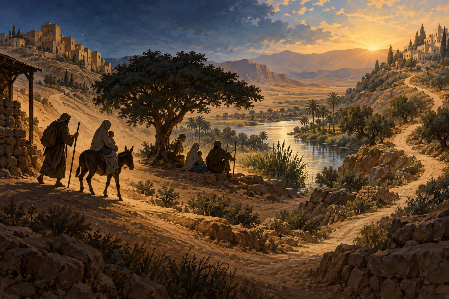 A family with an infant travels through a river valley between ancient hill towns beneath night and dawn skies.