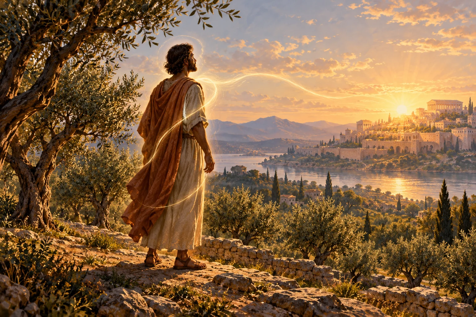 A clothed ancient figure stands in an olive grove outlined by a subtle luminous breath toward a restored city.