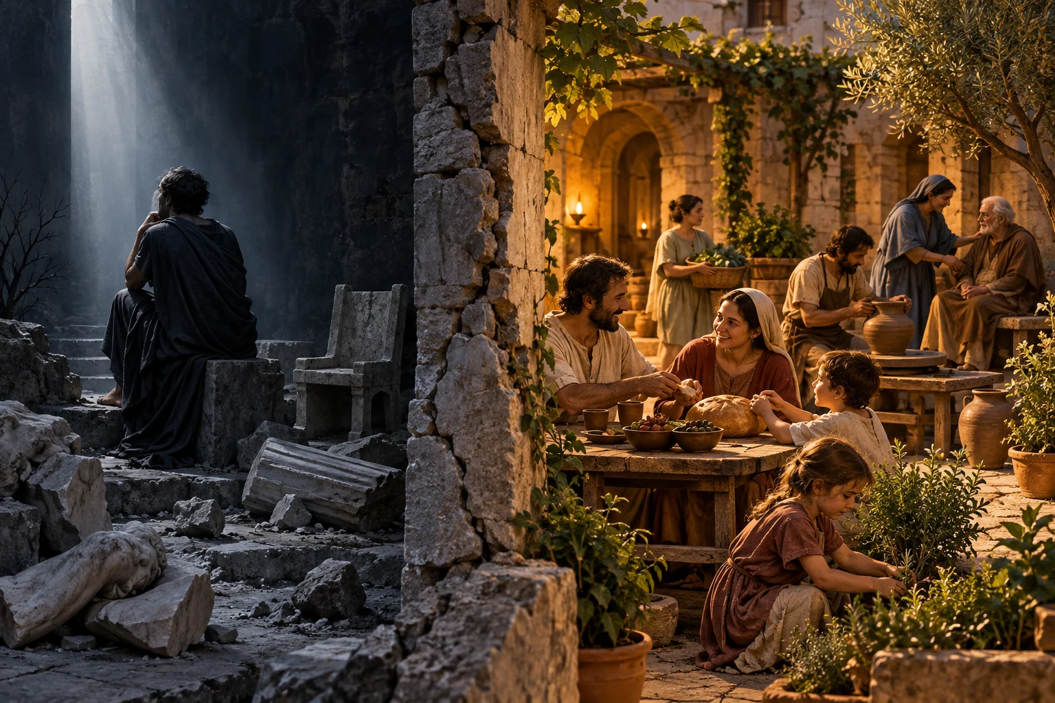 An isolated philosopher faces cold empty light while a neighboring community shares bread, work, and care.