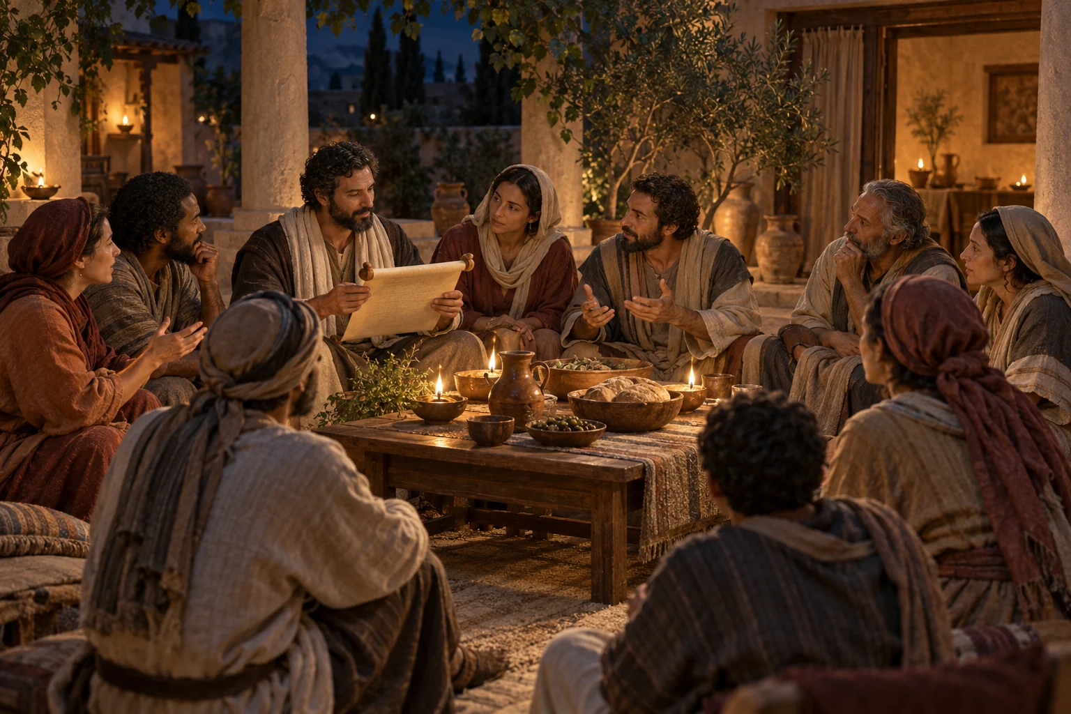 Men and women discuss a blank scroll around a shared meal in a lamplit first-century courtyard assembly.