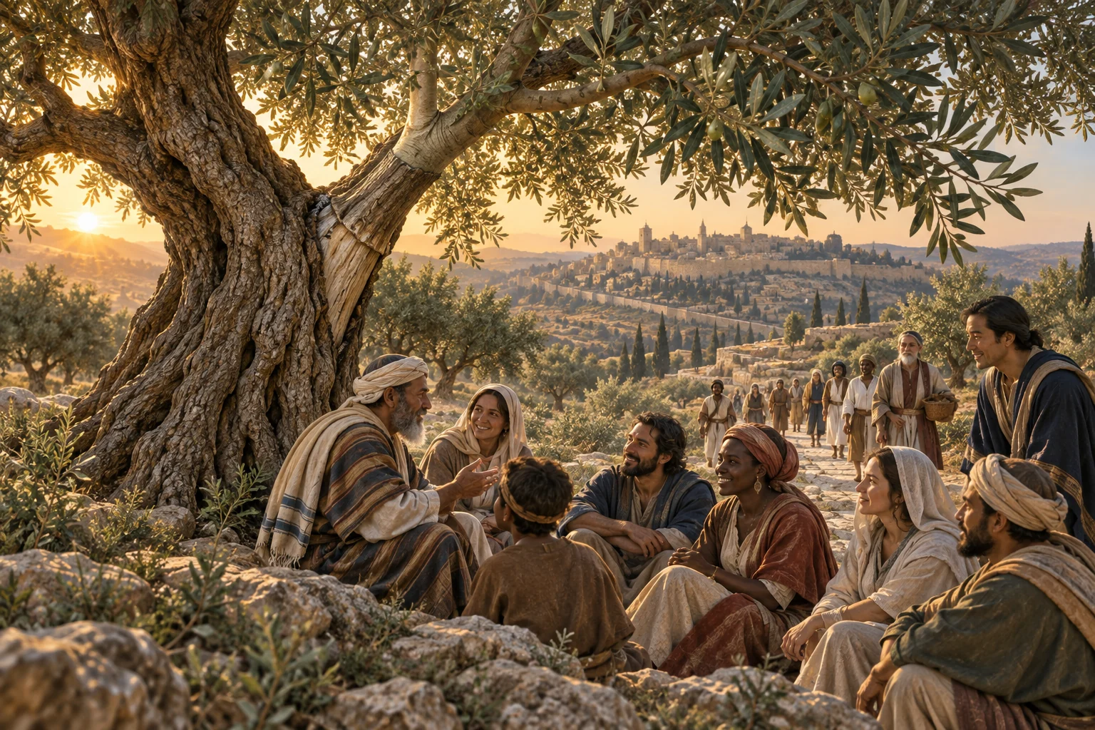 A diverse first-century gathering rests beneath an ancient olive tree with a healthy graft visible in its trunk.
