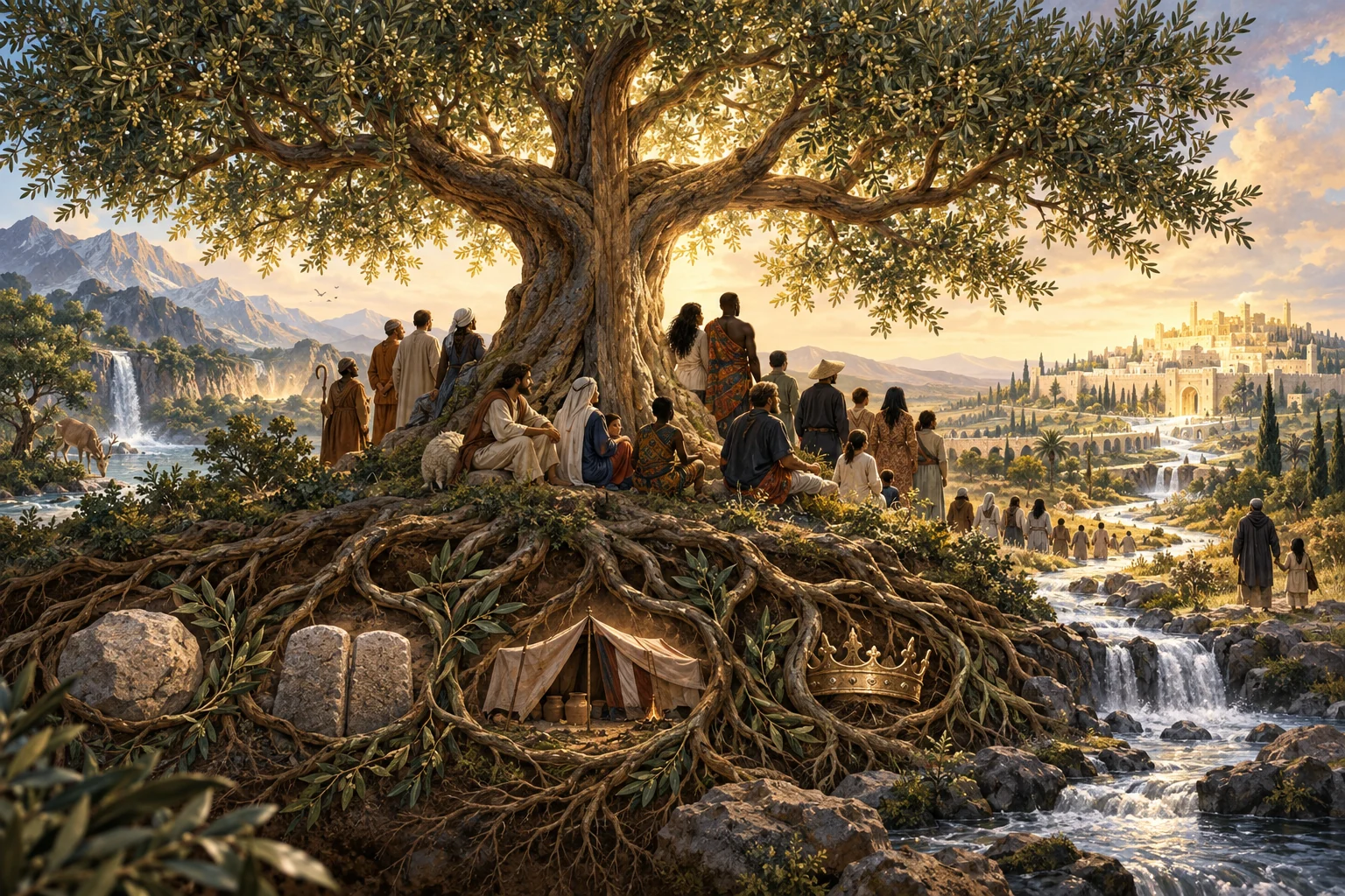 A great olive tree roots covenantal symbols and shelters many peoples beside a river flowing toward a restored city.