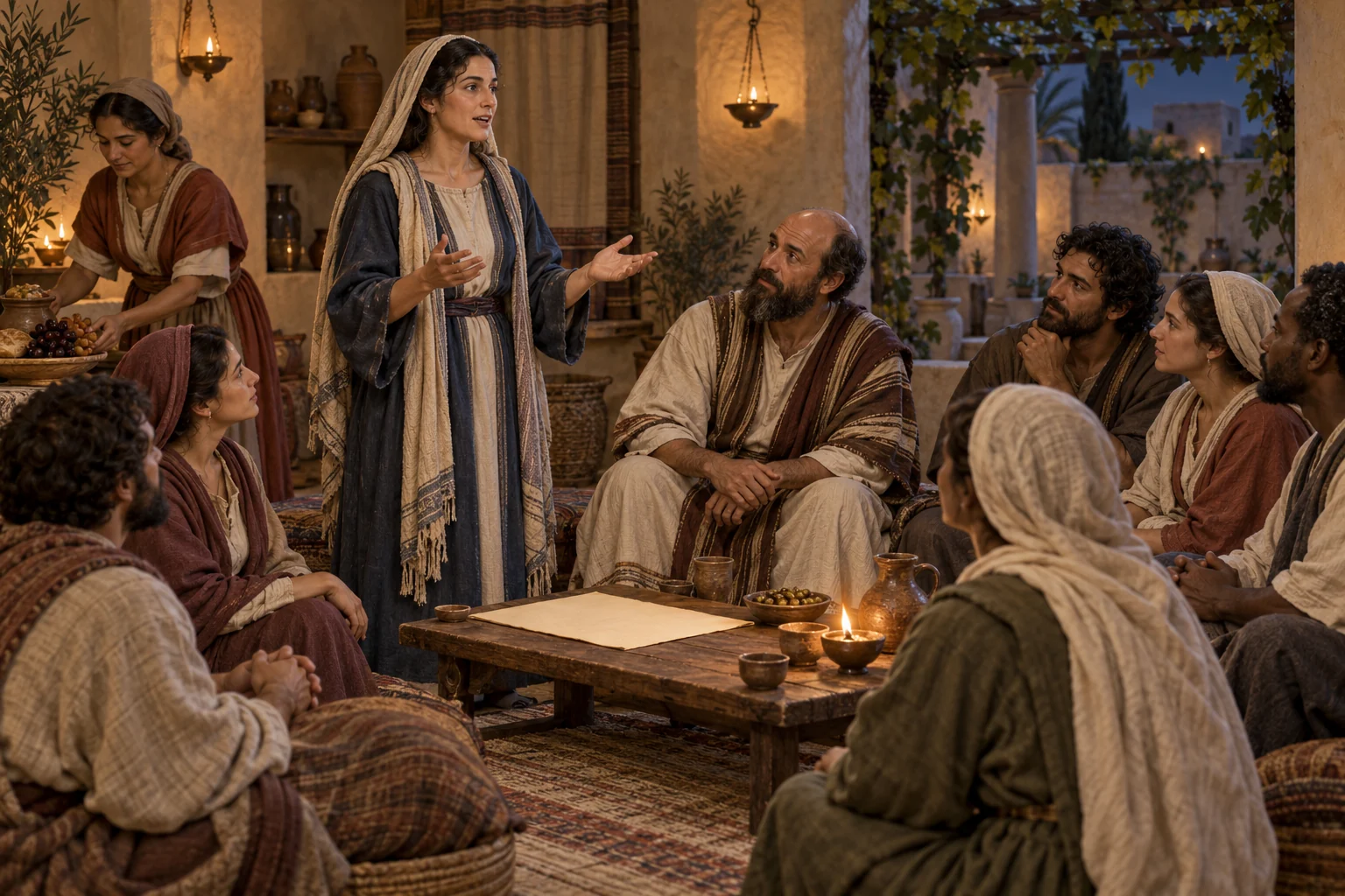 A woman teaches a first-century house assembly while Paul and other men and women listen around a blank parchment.