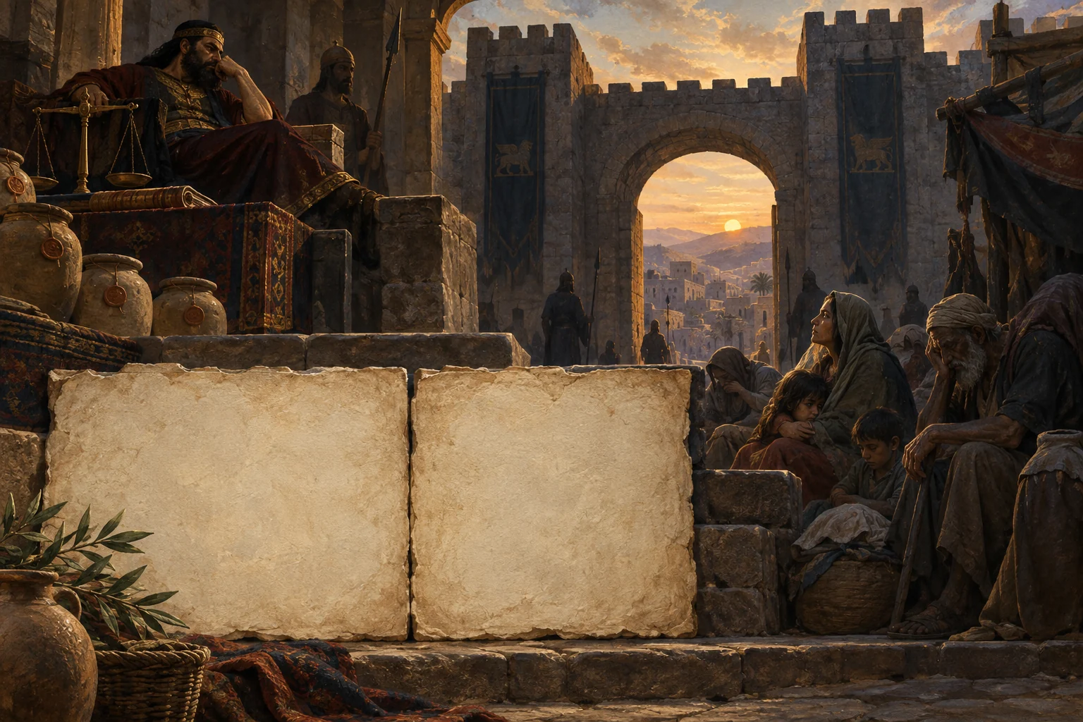 Two blank parchment panels divide an oppressive official from poor families sheltering beneath an ancient city gate.