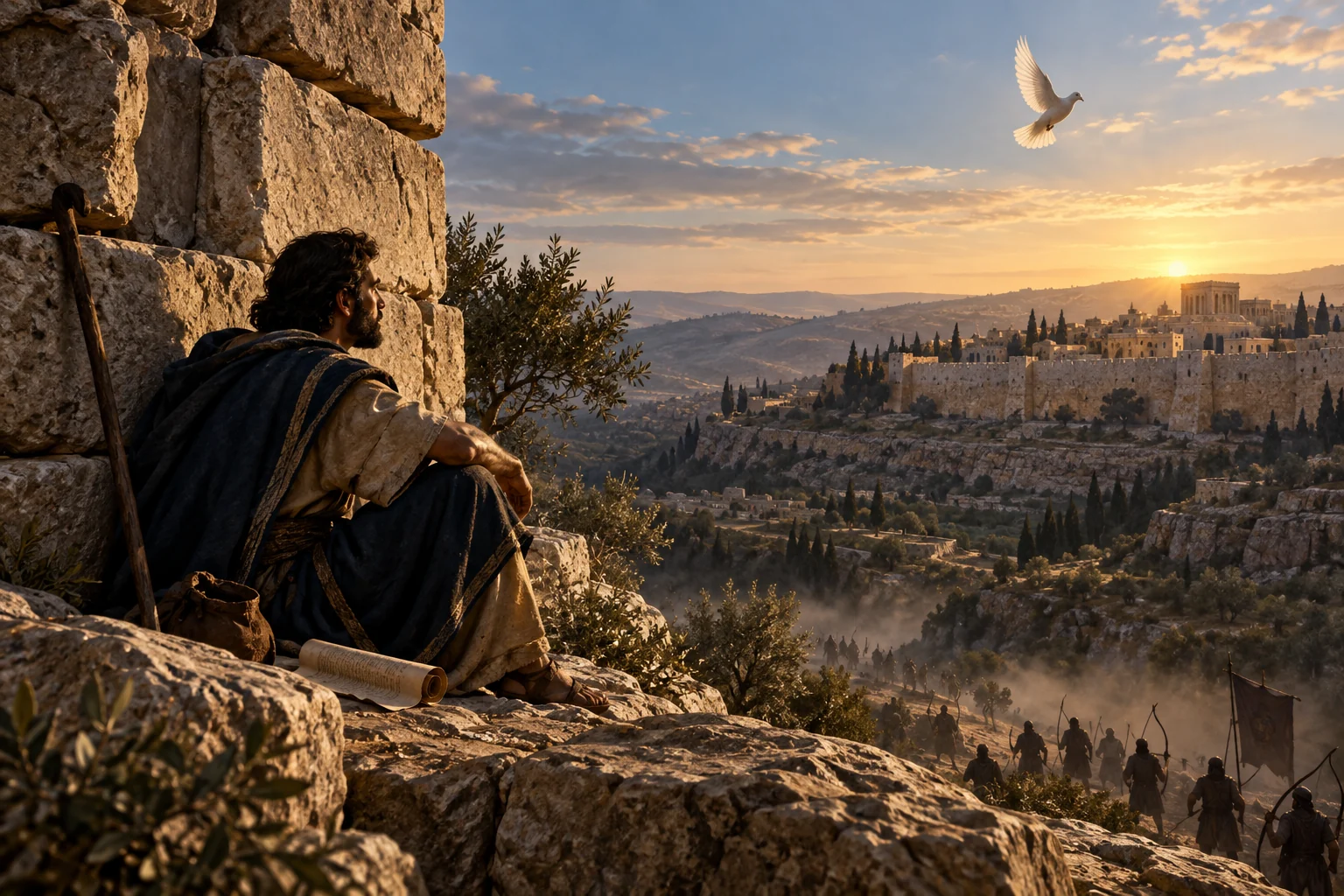 A psalmist rests beside massive stones overlooking a threatened hill city as a white dove rises toward dawn.