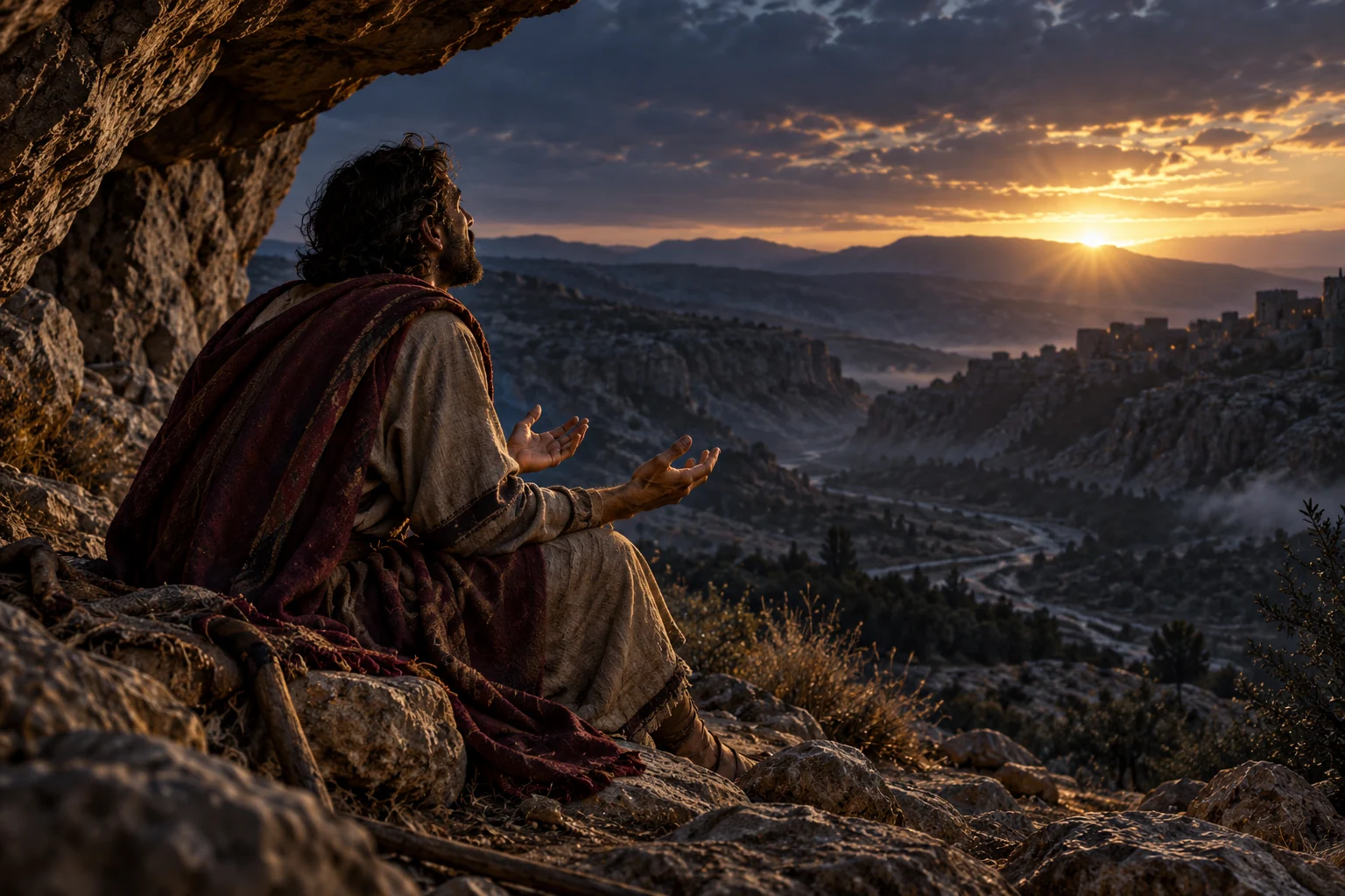 A solitary ancient worshiper prays from a rocky shelter as first light breaks over a dark valley.