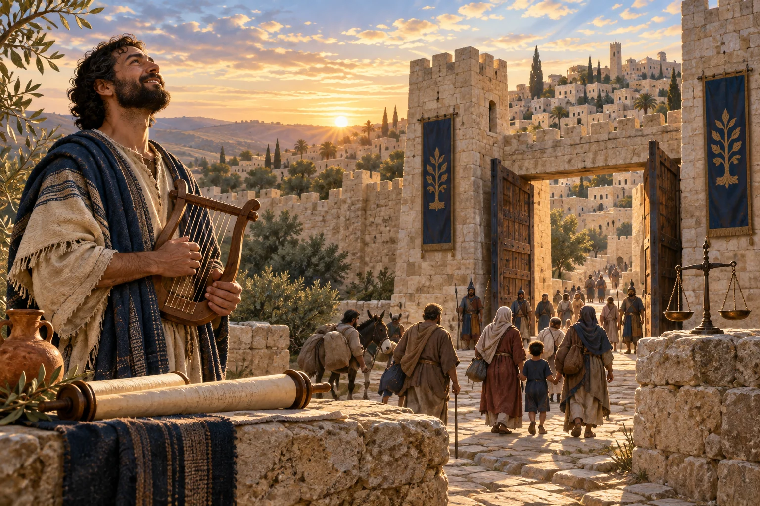 A psalmist with a lyre gives thanks beside Jerusalem’s open gate as families enter beneath balanced scales.