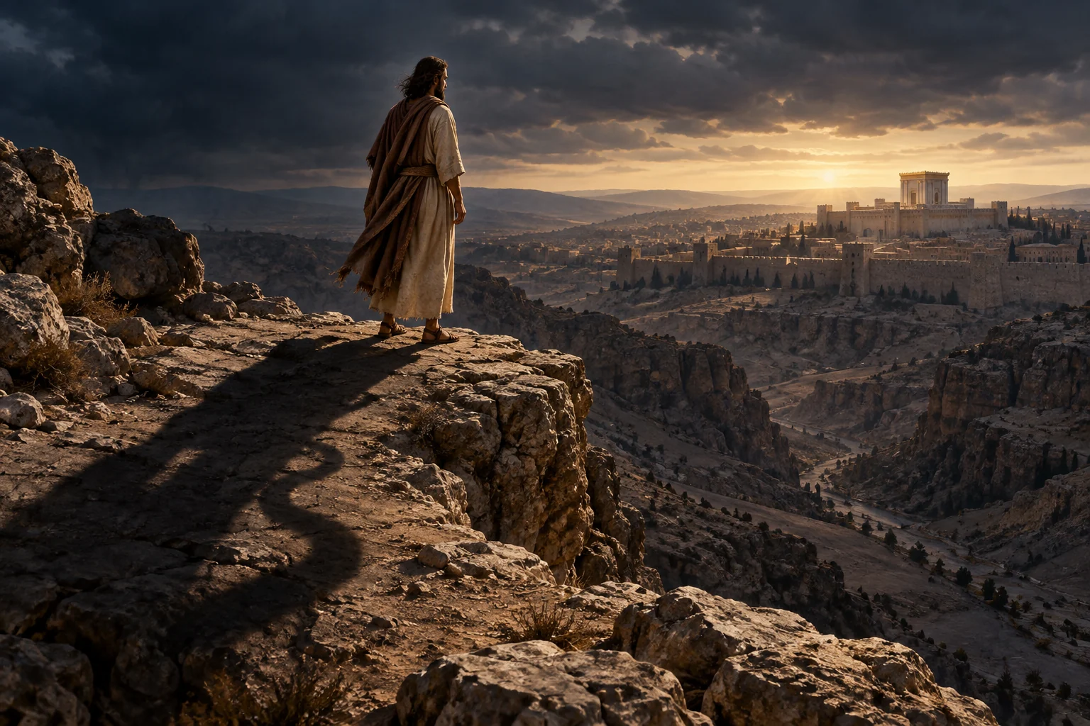 A solitary first-century man stands on a Judean cliff facing Jerusalem as a long shadow crosses the stones.
