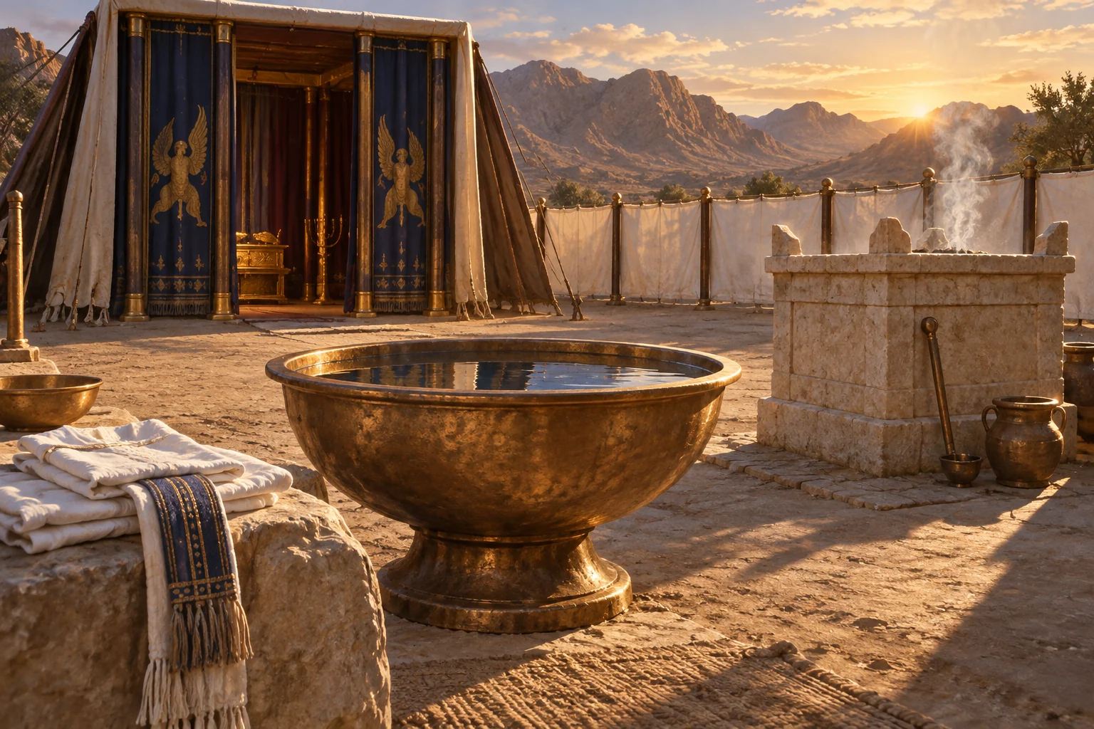 A bronze basin, linen garments, altar, and sanctuary entrance in an ancient Israelite courtyard at dawn.