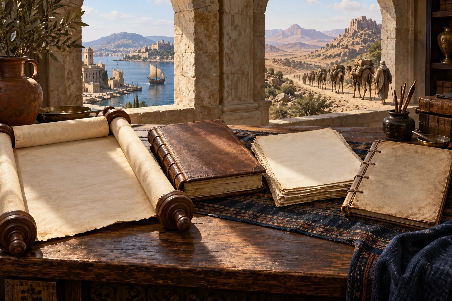 Blank scrolls, codices, and folios rest together beside a port and a caravan road.