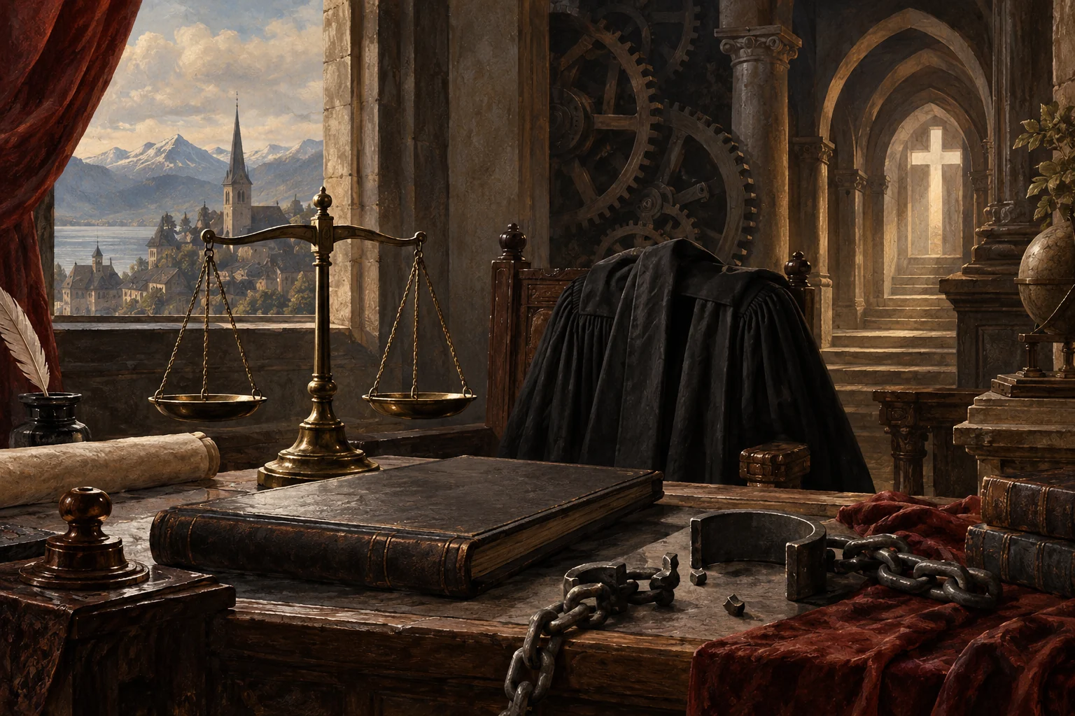 Balanced scales, interlocking gears, broken chains, and an empty academic robe occupy a sober Reformation-era judicial study.