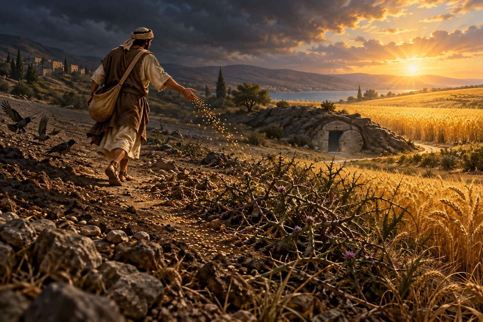 A sower scatters seed across rocky, thorny ground toward a radiant grain field beyond a dark stone tomb.