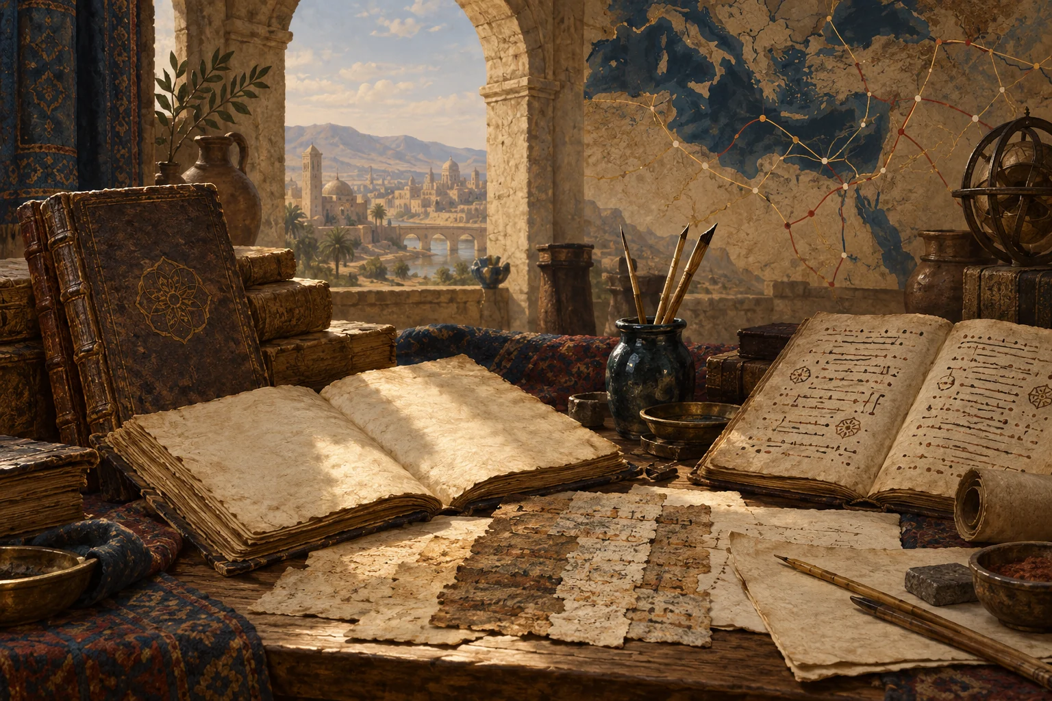 Late-antique blank codices, palimpsest fragments, reed pens, and an unlabeled trade-route map arranged for textual comparison.