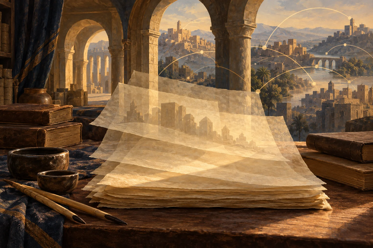 Blank layered parchments and closed codices connect late-antique Near Eastern cities through abstract golden pathways.