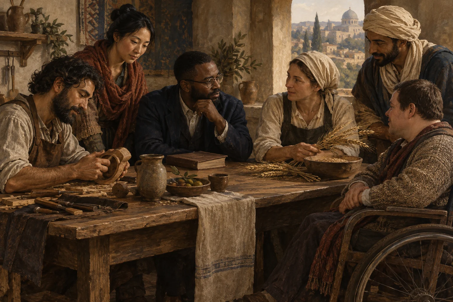 A diverse group shares crafts, scholarship, grain, and conversation around a wooden table, including a participant using a wheelchair.