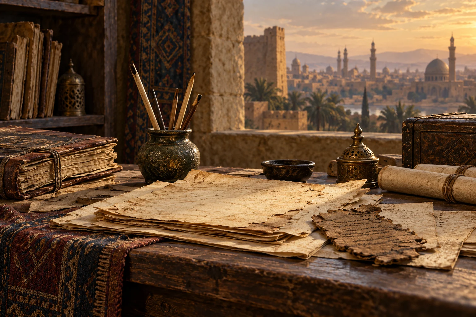 Layered manuscripts and reed pens on a scholar’s desk overlooking a historic Near Eastern city.