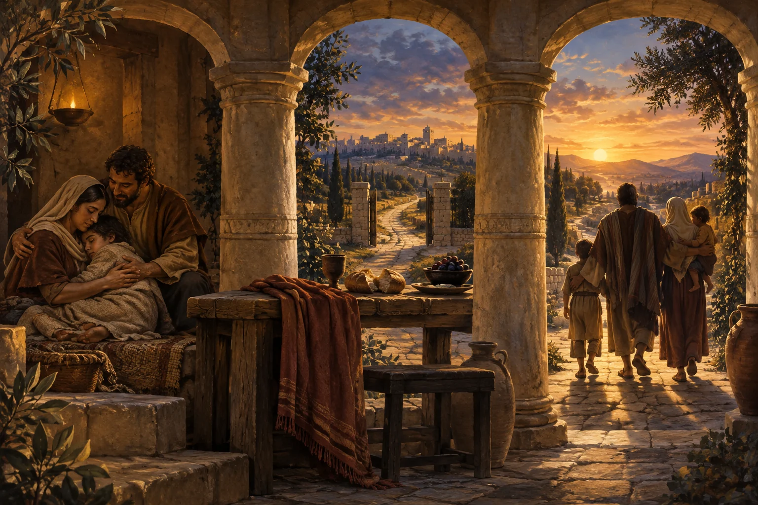 A family rests beneath three stone arches while another family walks toward a sunlit city along an open path.