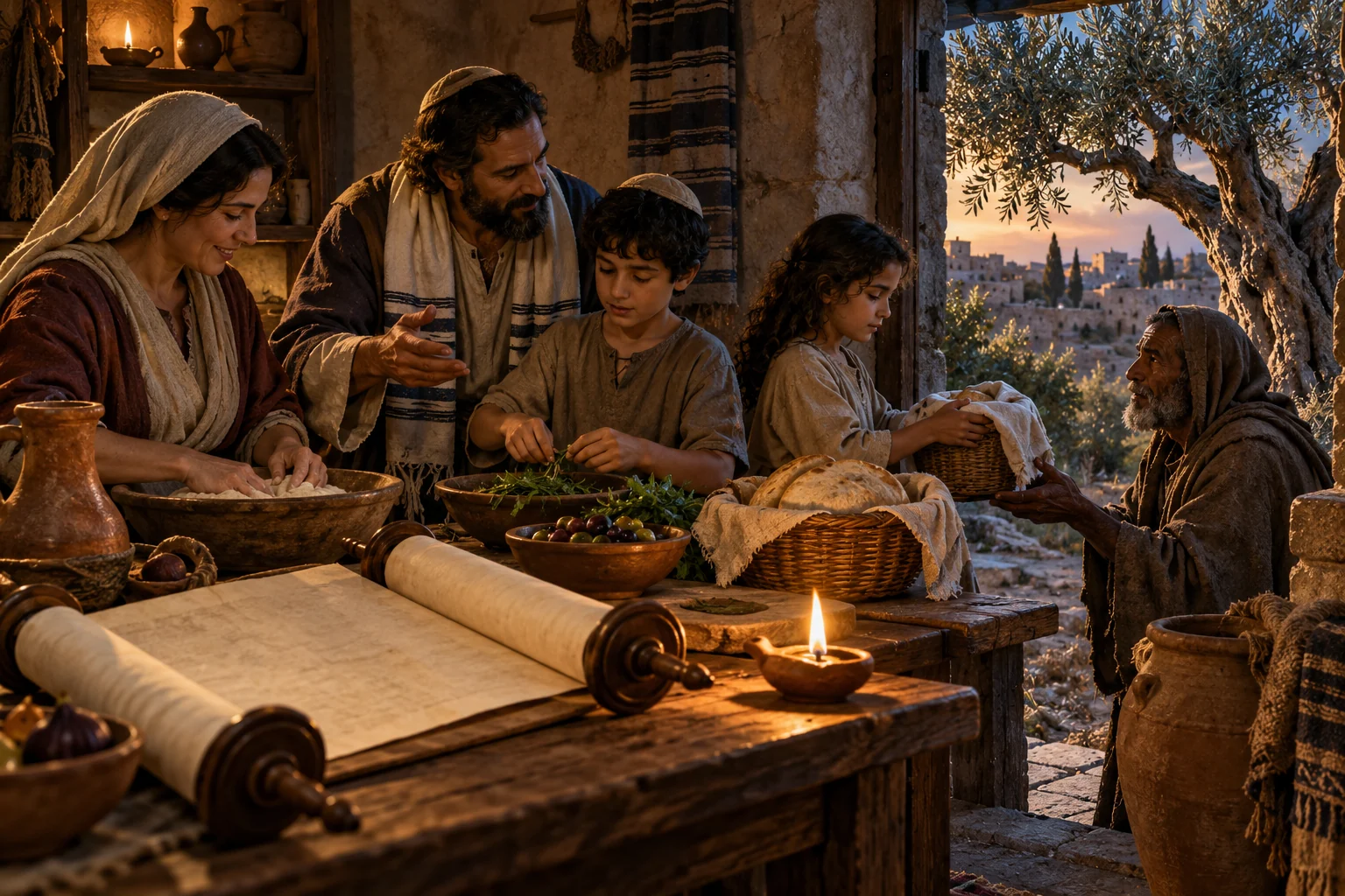 A first-century Jewish household studies Torah while preparing bread for a poor neighbor beneath an olive tree.