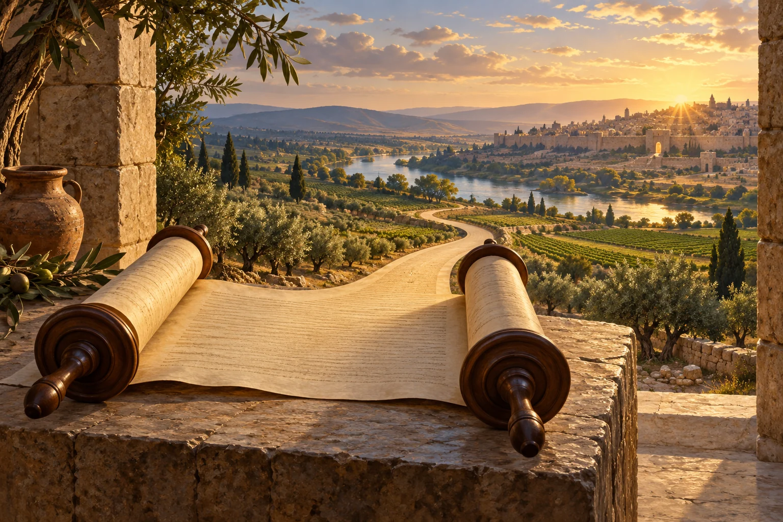 An open Torah scroll extends toward a river, olive groves, cultivated fields, and a peaceful city at dawn.