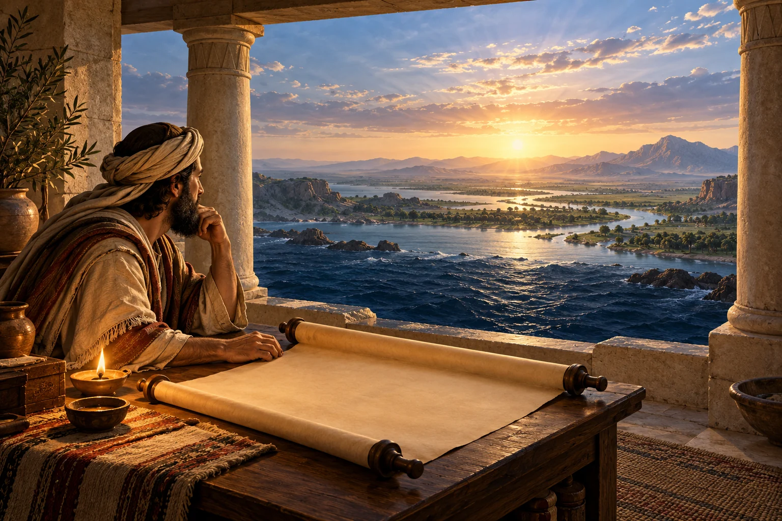 Ancient scholar beside a blank scroll overlooking dark waters, ordered land, and a dawn-lit horizon framed by stone columns.