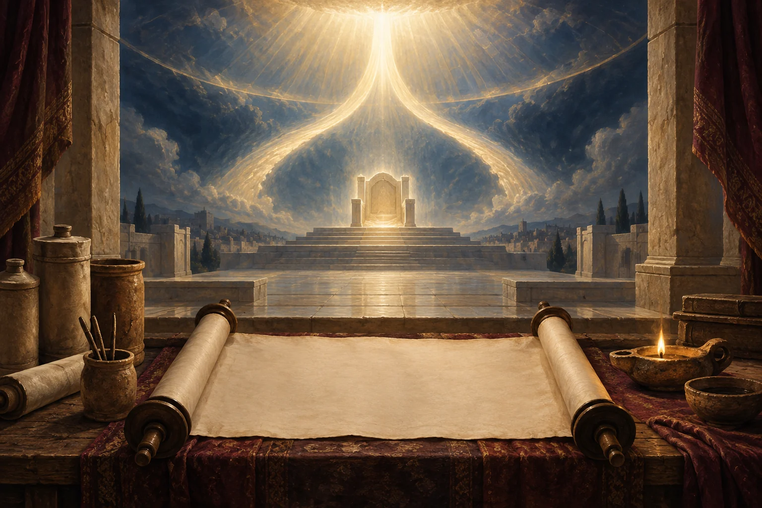 Two streams of golden light converge above an empty throne beyond a blank scroll in a Second Temple study.