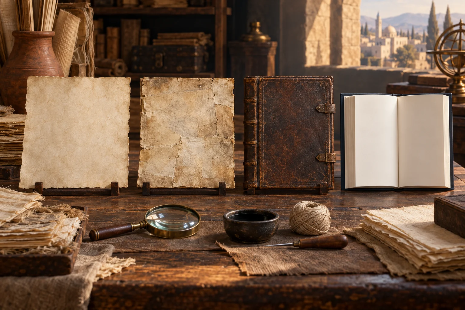 Blank parchment, repaired palimpsest, medieval codex, and modern book show successive stages of textual transmission.