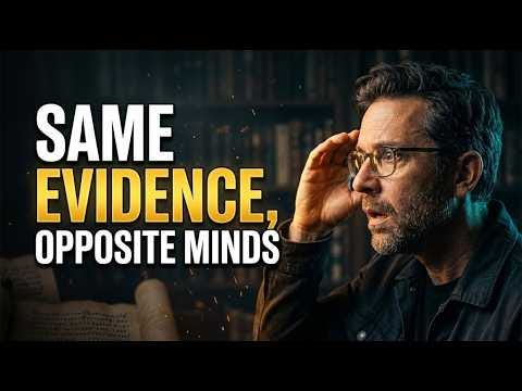 Video poster shows a scholar studying an open book beside the words “Same Evidence, Opposite Minds”.