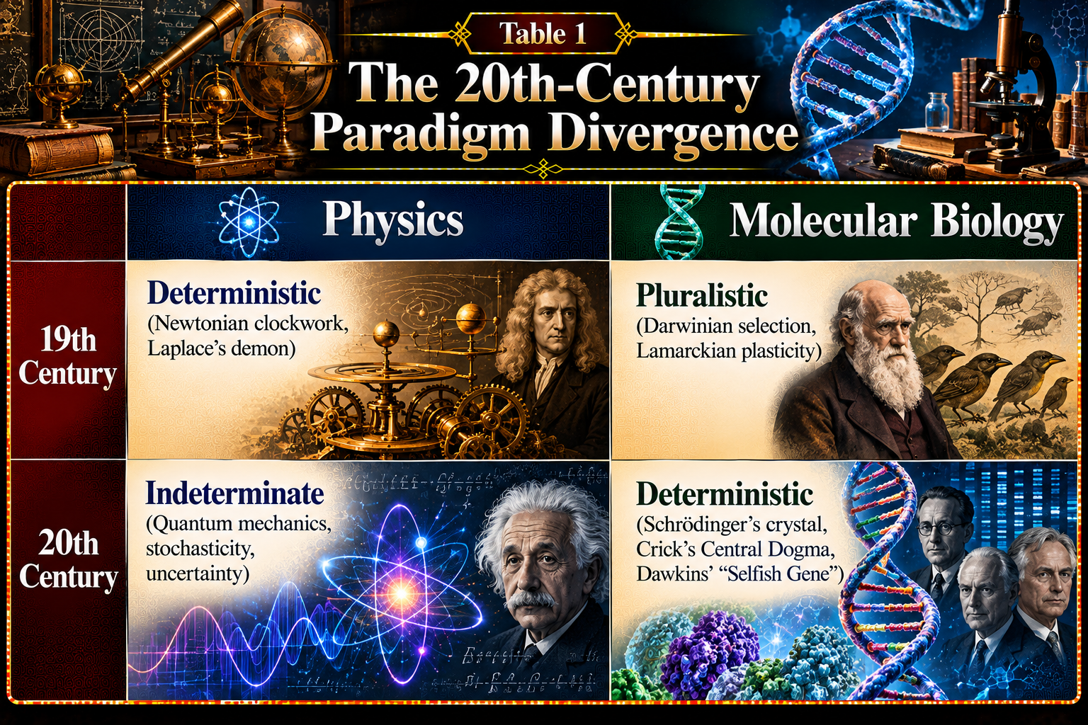 Illustrated comparison table contrasts nineteenth- and twentieth-century models in physics and molecular biology, using portraits, diagrams, and manuscript textures.