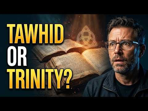 Video poster shows a scholar beside an open book and a geometric emblem, with the words “Tawhid or Trinity?”.
