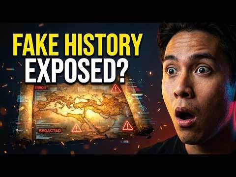 Video poster shows a surprised man beside an illuminated map and the words “Fake History Exposed?”.