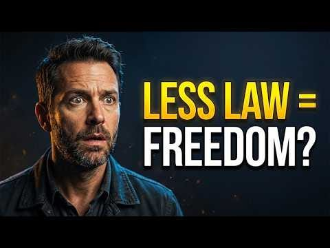 Video poster shows a concerned man beside the question “Less Law = Freedom?”.