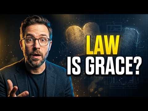 Video poster shows a man beside stone tablets with the words “Law Is Grace?”.