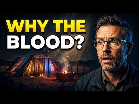 Video poster shows a scholar beside an illuminated wilderness sanctuary and altar, with the words “Why the Blood?”.