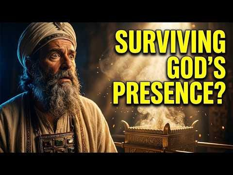 Video poster shows an ancient priest near a glowing sanctuary, beside the words “Surviving God’s Presence?”.