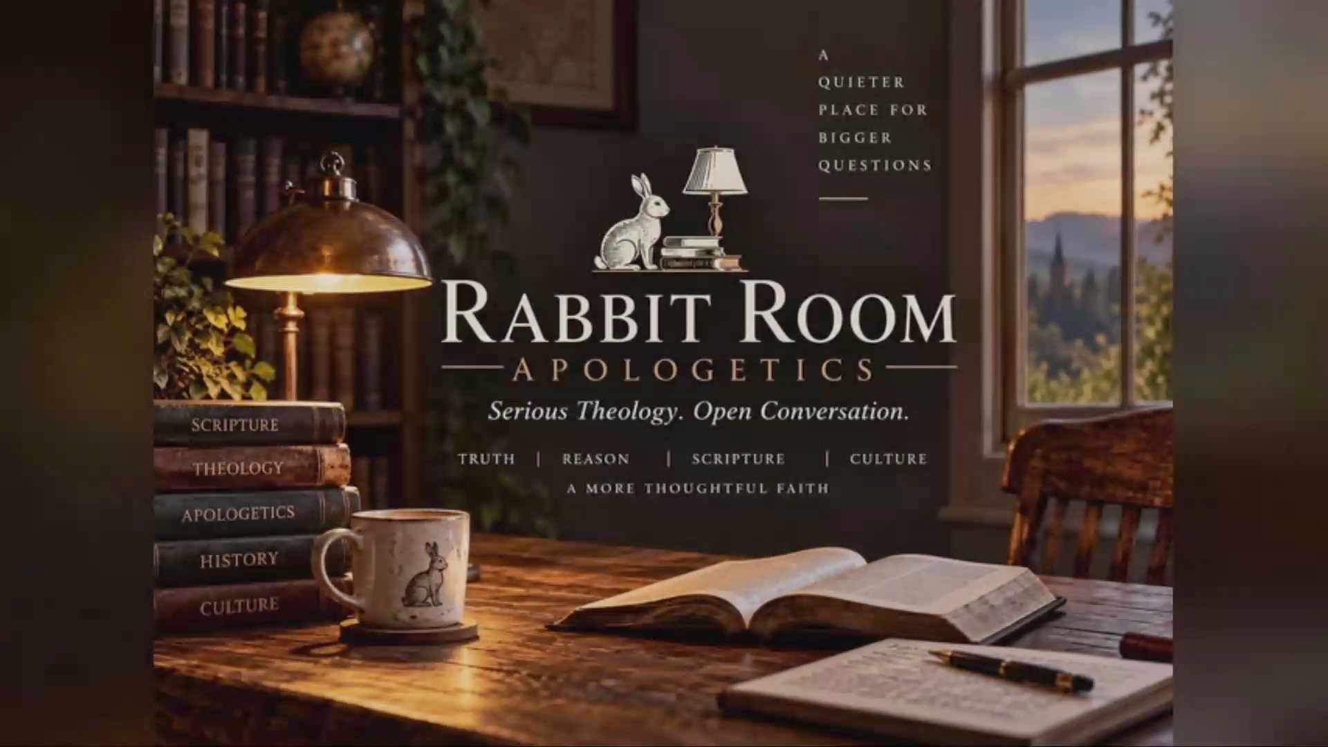 Rabbit Room Apologetics banner shows a warm library, an open book, and a coffee cup.
