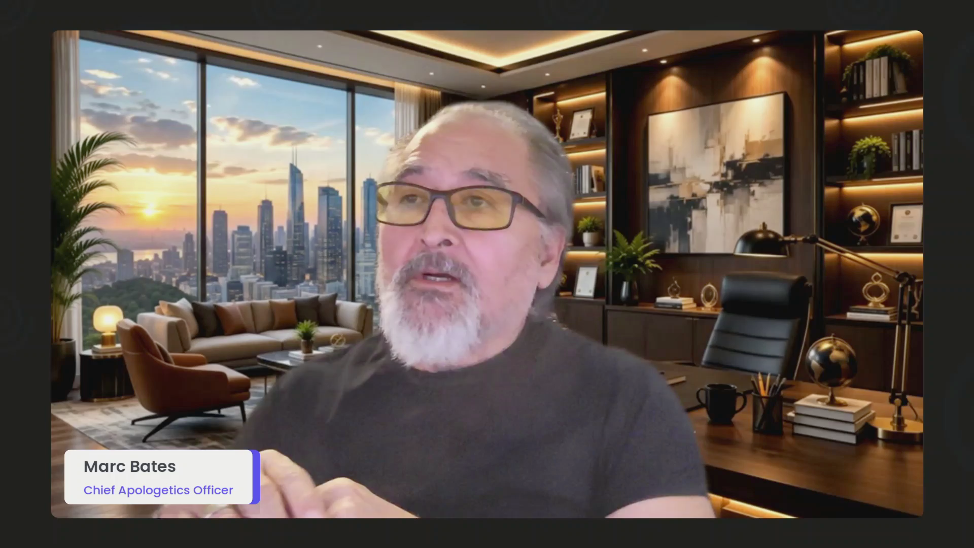Marc Bates speaks on camera from a study with bookshelves and a large window.