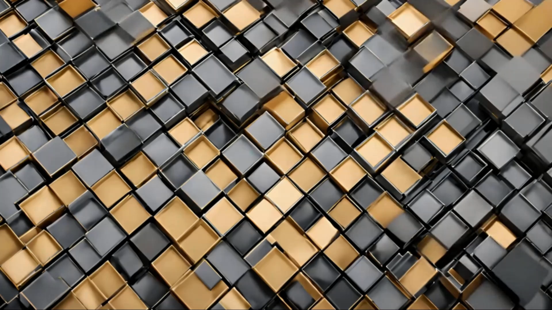 Gold, charcoal, and silver square tiles form a diagonal geometric pattern.