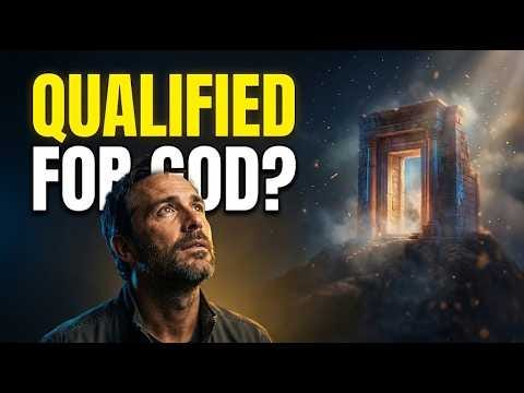 Video poster shows a man looking toward a luminous sanctuary doorway, beside the words “Qualified for God?”.